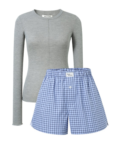 Denim Blue Plaid Boxer Short and Grey Marle Merino Knit Set