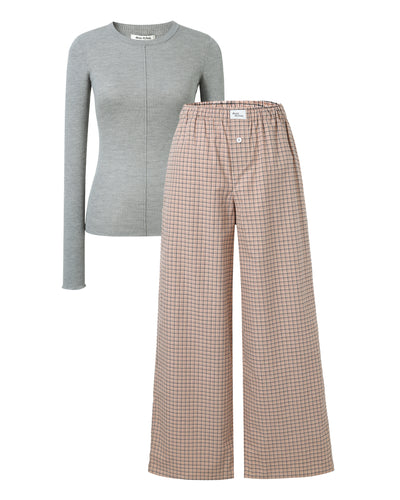 Grey Marle Merino Knit and Caramel Plaid Boxer Pant Set