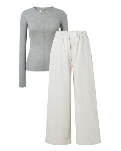 Grey Marle Merino Knit and Chai Stripe Boxer Pant Set